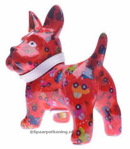 Pomme Pidou - Spaarpot Dog Boomer, rood met auto's