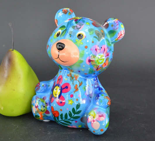 Pomme Pidou R - Spaarpot Teddy Bear Toto, Happy Flowers  SkyBlue