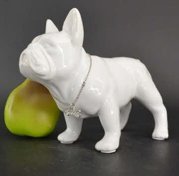 Spaarpot Franse Bulldog Wit Staand met Ketting – Keramische Spaarpot met Bling Bling Ketting